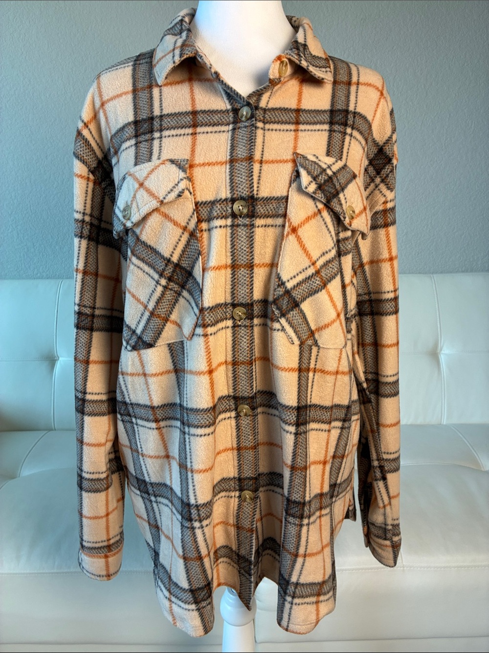 Just Polly  Cream Plaid Button-Down Shacket with Oversized Front Pockets